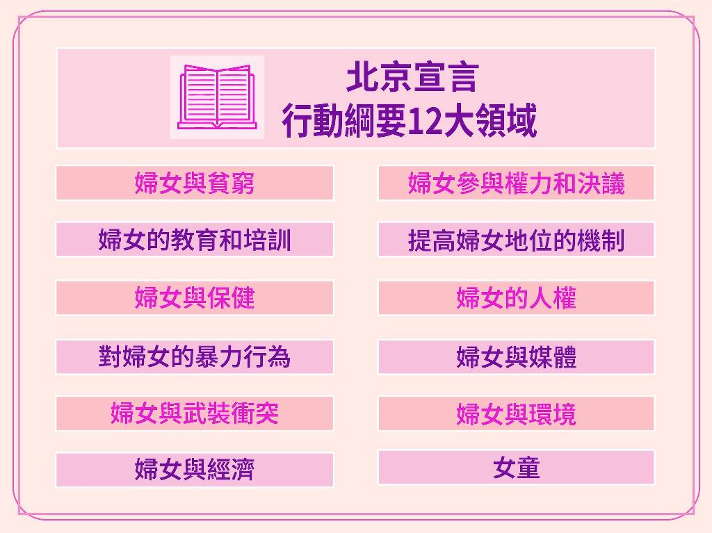 The 12 areas of concern in the Beijing Declaration and Platform for action