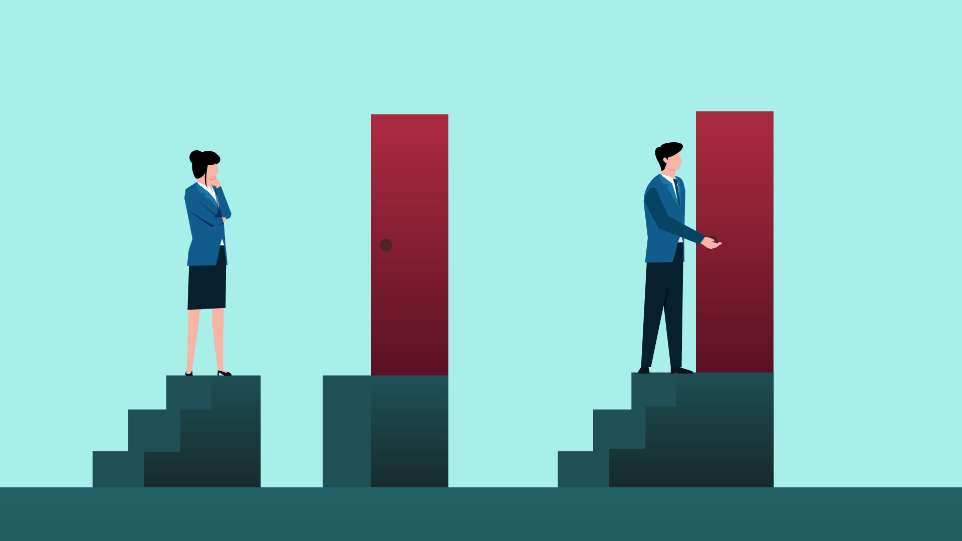 Man standing on a stair and opening a door while a woman standing on another stair and cannot reach the door; showing that women face more difficulty at work than men