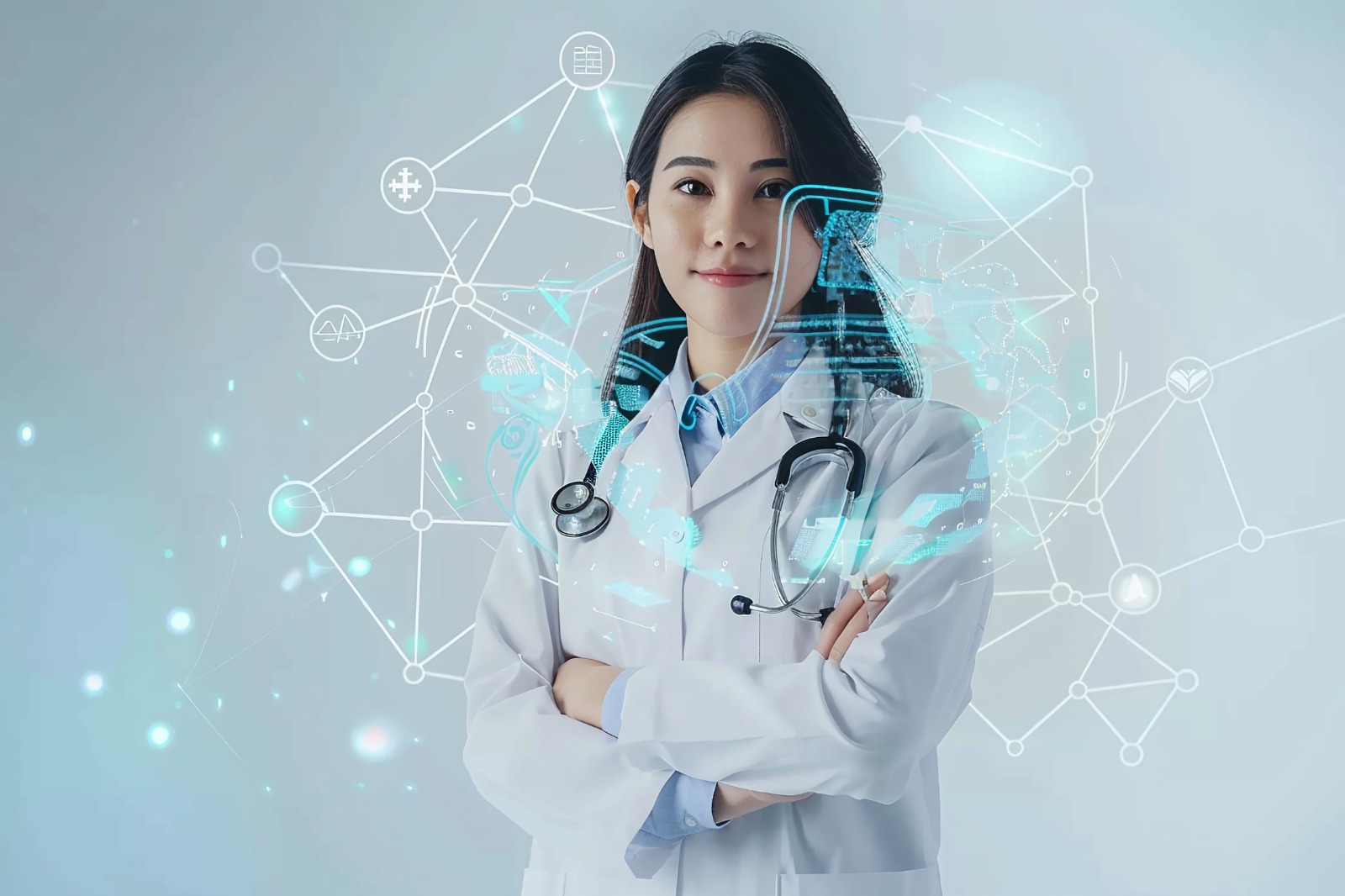 Female doctor crossing arms with AI hologram data image around her