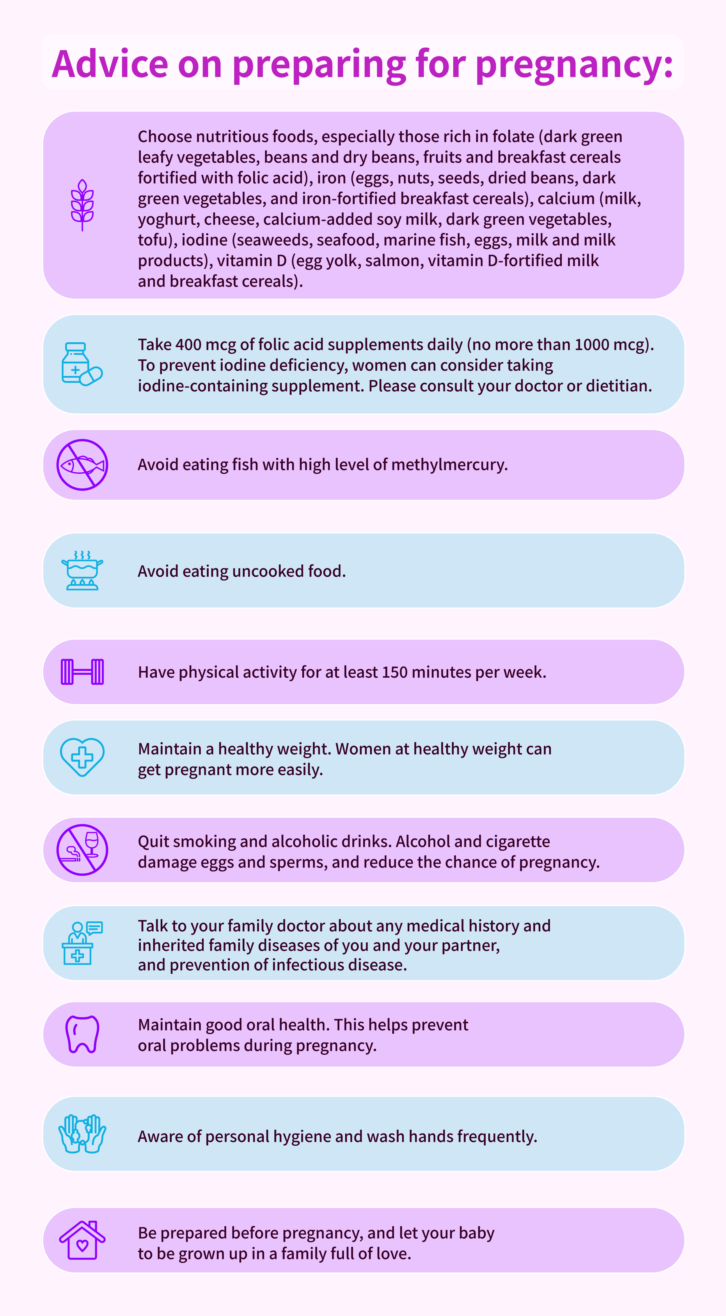 list of the advices on preparing for pregnancy