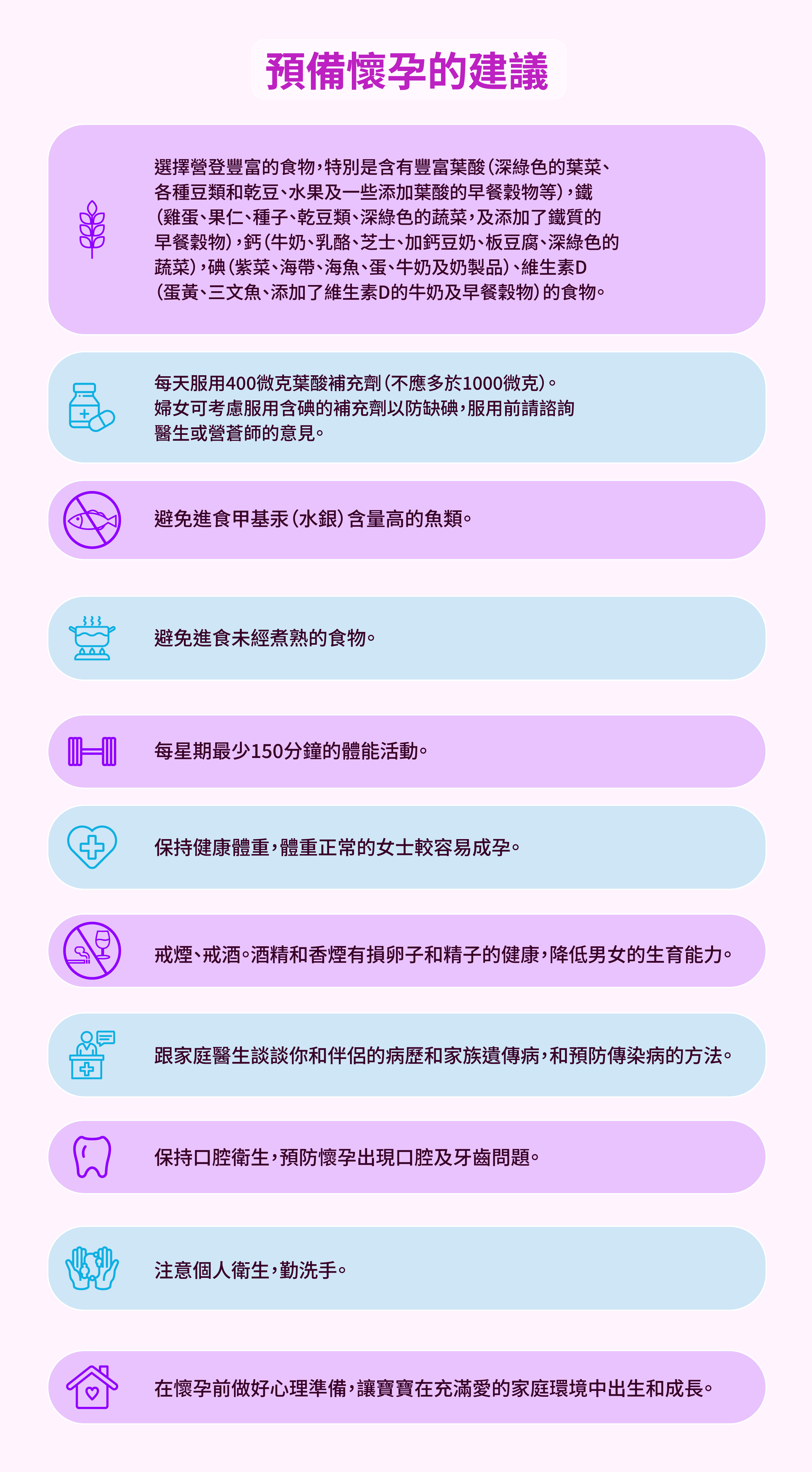 list of the advices on preparing for pregnancy
