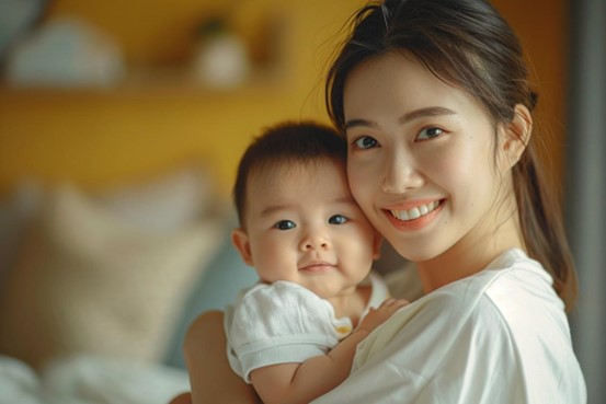 Young woman holding a baby and smiling at you