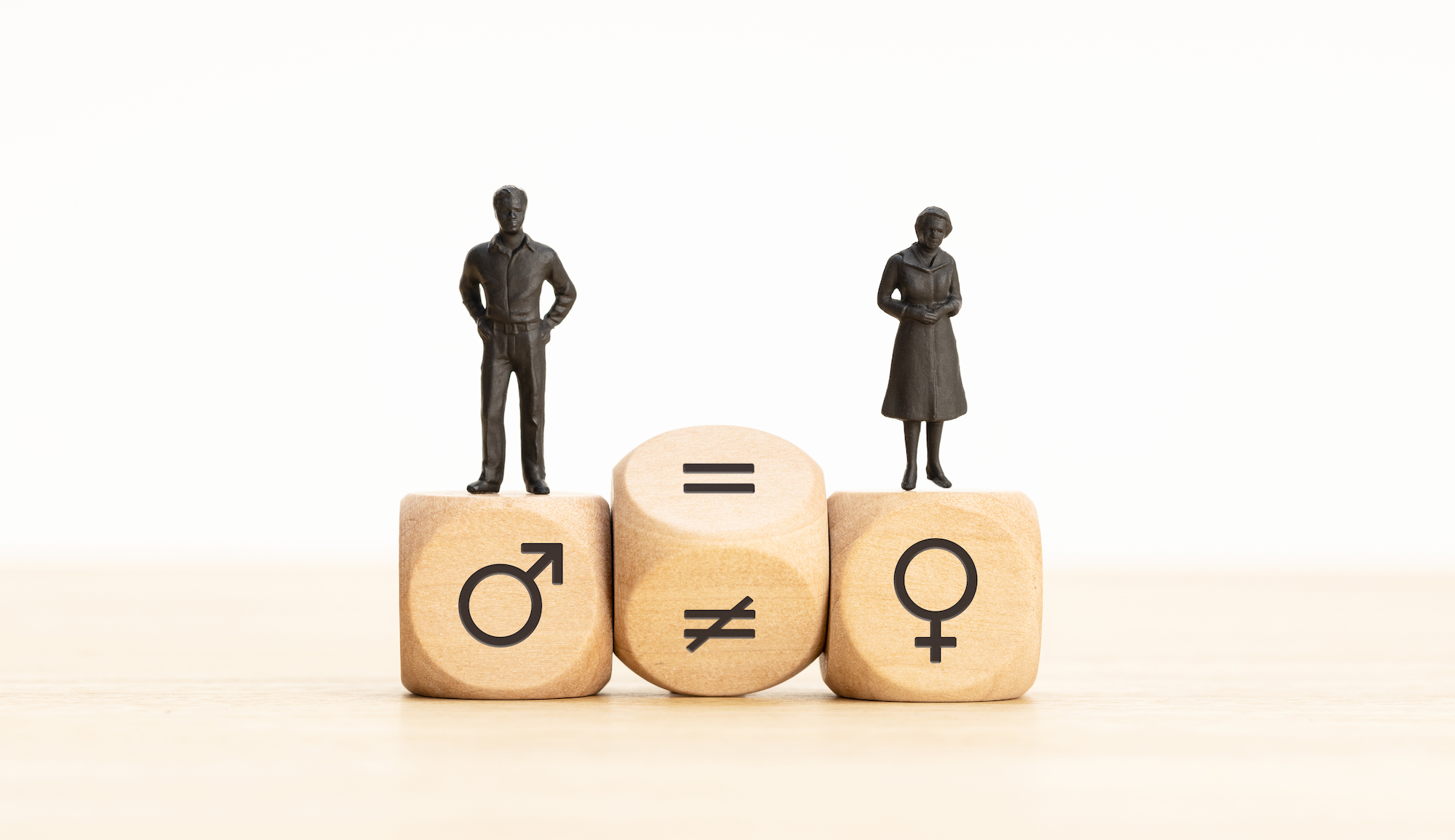 Silouette of a male and female standing on respective gendered dice, and there is an equal signed dice between the two dices