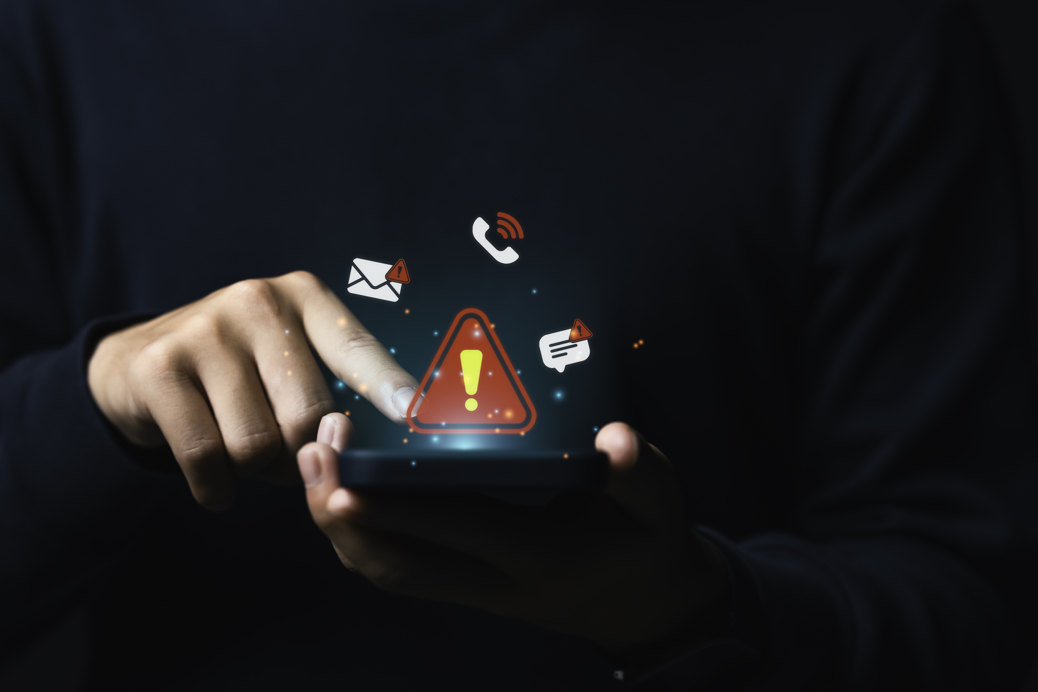 Fraud alert on smartphone with system hacked warning on phone, remind user to avoid cyber attack on mobile with malicious malware, virus or software